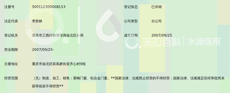 重庆市渝川塑钢门窗有限公司渝北分公司_360